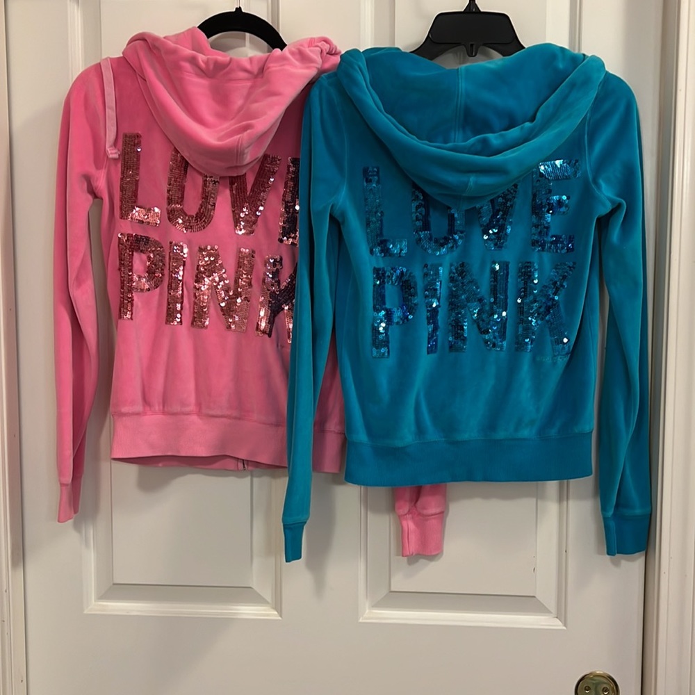 (2) Pink Victorias Secret Love zip hoodies